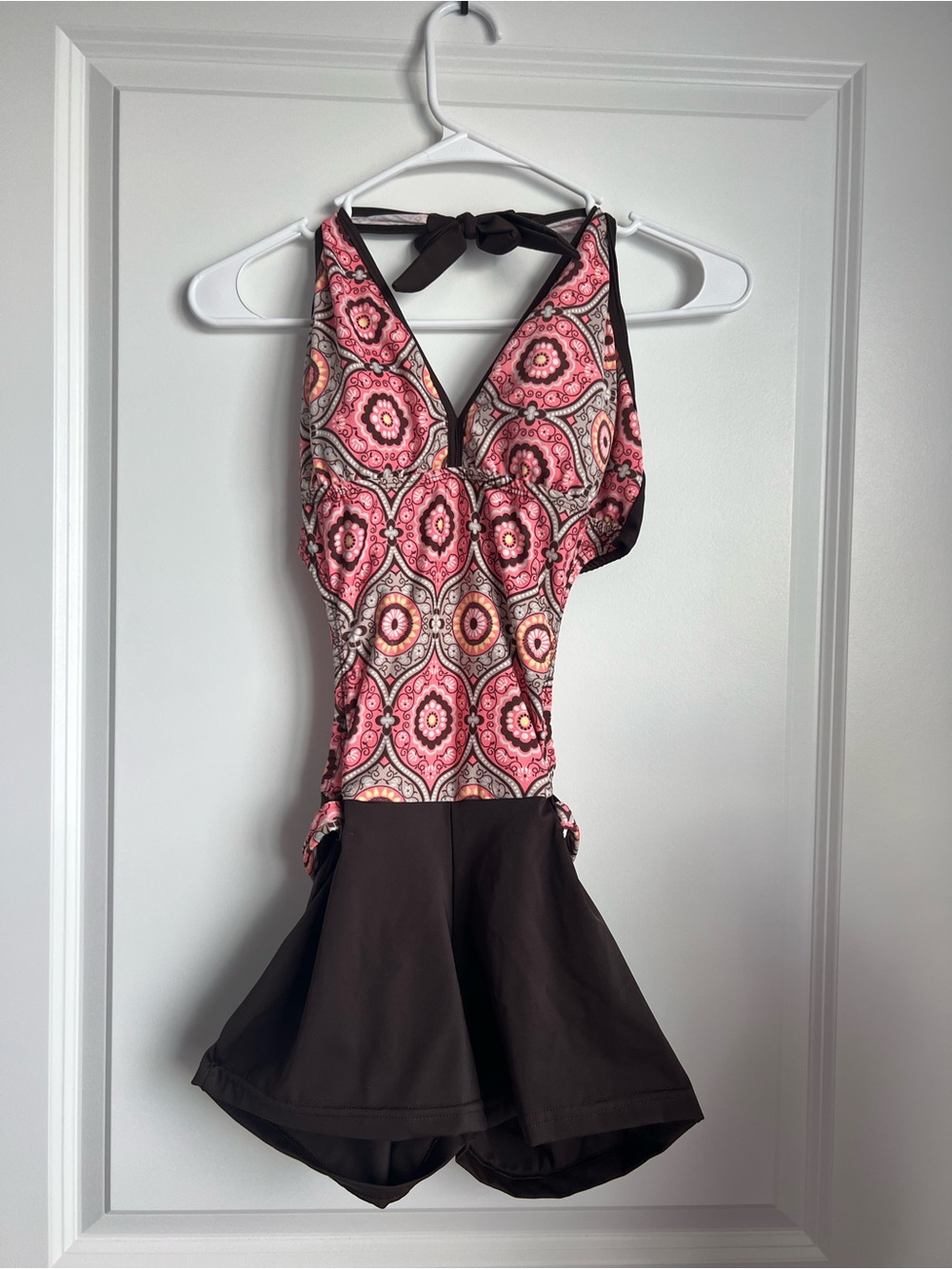 Pink and Brown Patterned Halter One-Piece Swimdress